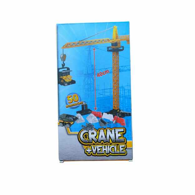 Statybinis žaislas – bokštinis kranas su transporto priemone ir 50 priedų (40 cm)