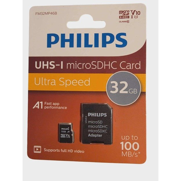 Philips UHS-I microSDHC 32GB Atminties Kortelė su Adapteriu (A1, 100 MB/s)