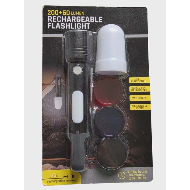 Įkraunamas LED žibintuvėlis 200+60 lm su kabliu