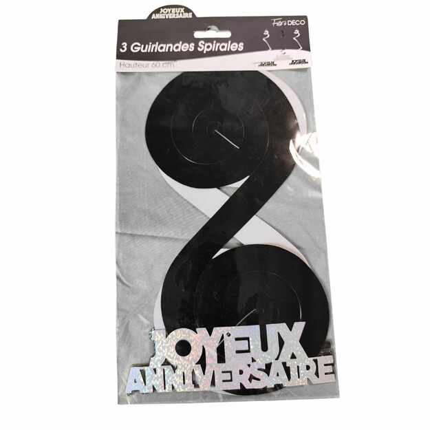 Spiralės dekoracija „Joyeux Anniversaire“ juoda, 3 vnt.