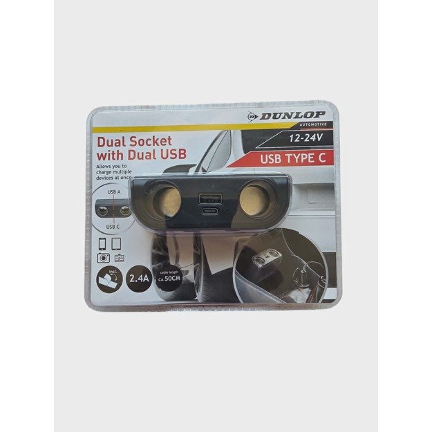 Dunlop automobilinis 2 lizdų skirstytuvas su USB-A ir USB-C