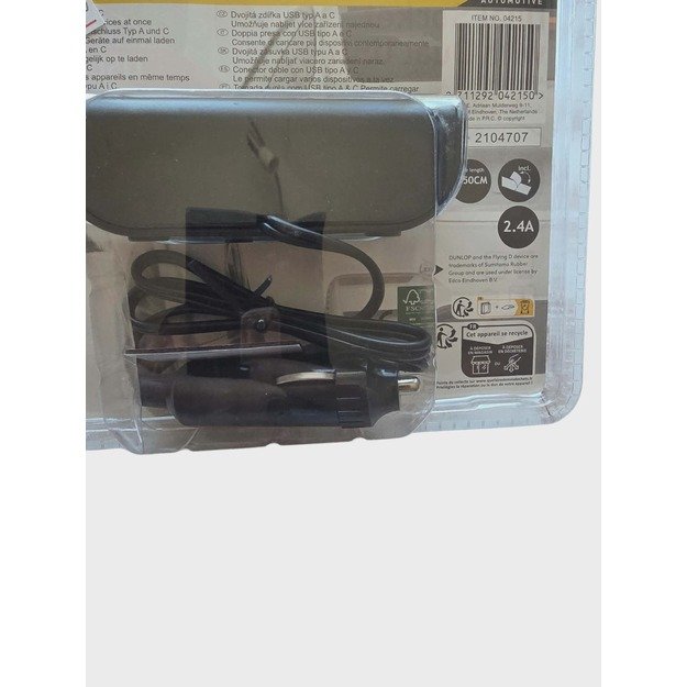 Dunlop automobilinis 2 lizdų skirstytuvas su USB-A ir USB-C 1