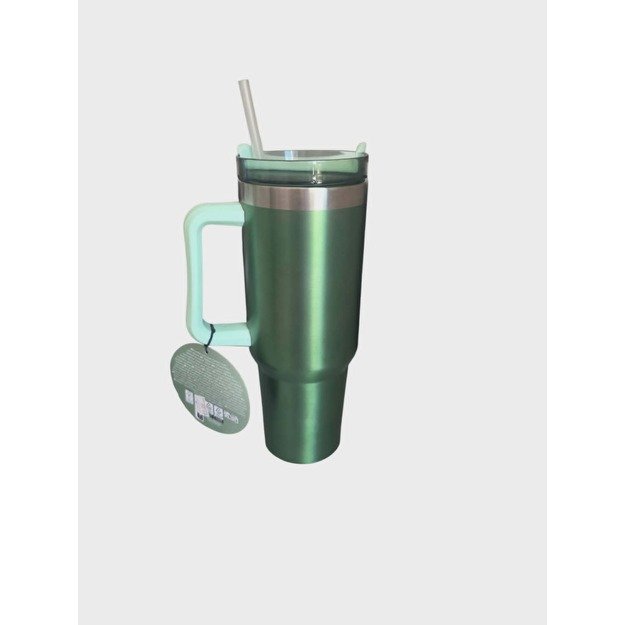 Metalinis vakuuminis puodelis su šiaudeliu 1100 ml – žalias