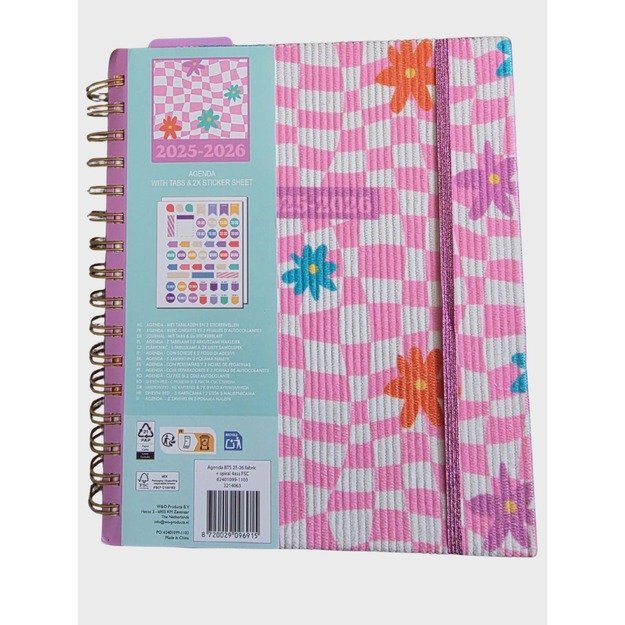 Darbotvarkė (agenda) 2025–2026 su skirtukais ir 2 lipdukų lapais, spiralinis įrišimas