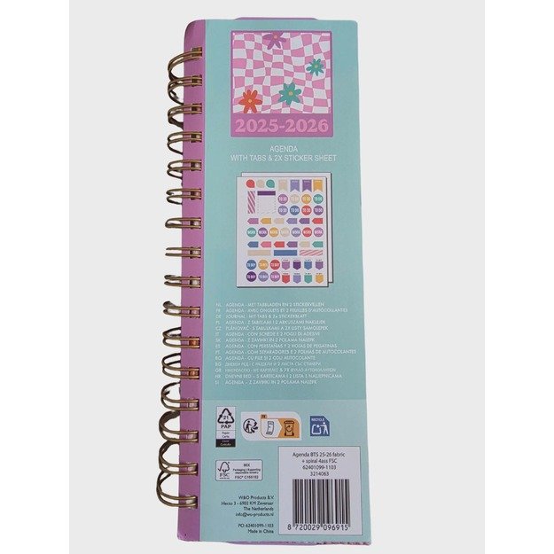 Darbotvarkė (agenda) 2025–2026 su skirtukais ir 2 lipdukų lapais, spiralinis įrišimas 3