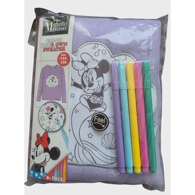 Disney Minnie Mouse „Color Your Own Sweater“ spalvinamas vaikiškas megztinis su flomasteriais, 122–128