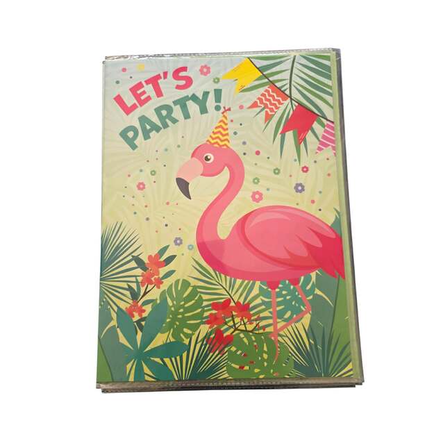 Didelis sveikinimo atvirukas su voku „Let's Party Flamingo“