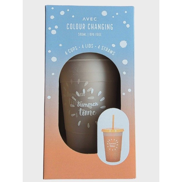 Spalvą keičiantys puodeliai su dangteliais ir šiaudeliais „Summer time“, 590 ml (4 vnt.)