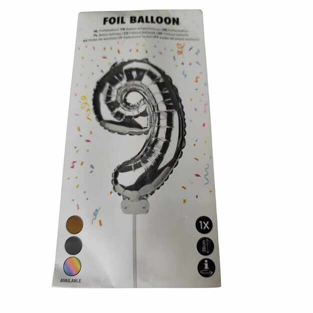 Folinis balionas skaičius 9, sidabrinis, 36 cm