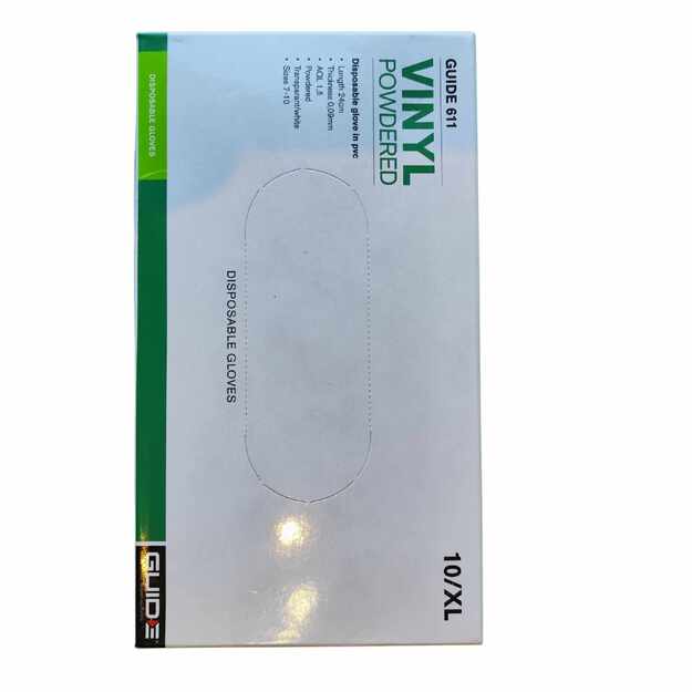 Vienkartinės vinilinės pirštinės „Guide 611“ su pudra, 100 vnt., dydis XL