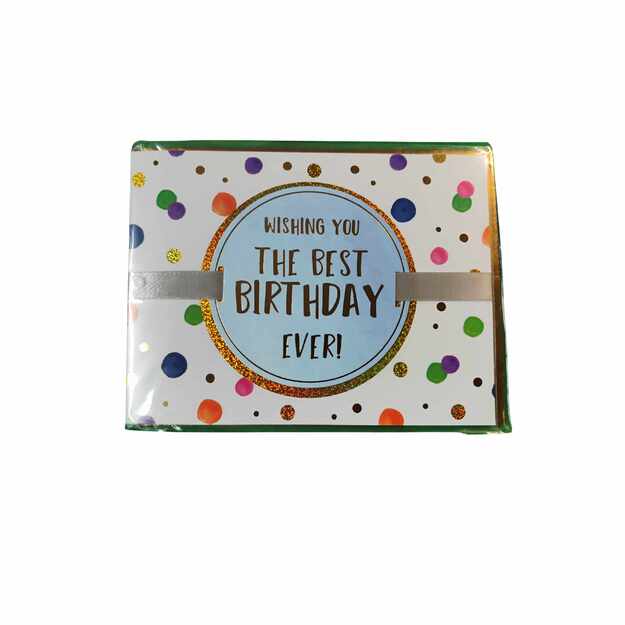 Sveikinimo atvirukas „Wishing You The Best Birthday Ever!“ su taškeliais ir auksiniais akcentais
